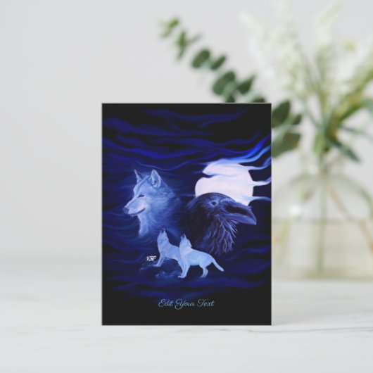 Wölfe und Raven mit Vollmond Postkarte (Stehend Vorderseite)
