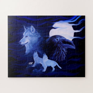 Wölfe und Raven mit Vollmond Puzzle