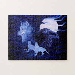 Wölfe und Raven mit Vollmond Puzzle