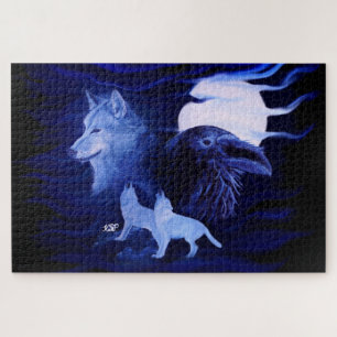 Wölfe und Raven mit Vollmond Puzzle