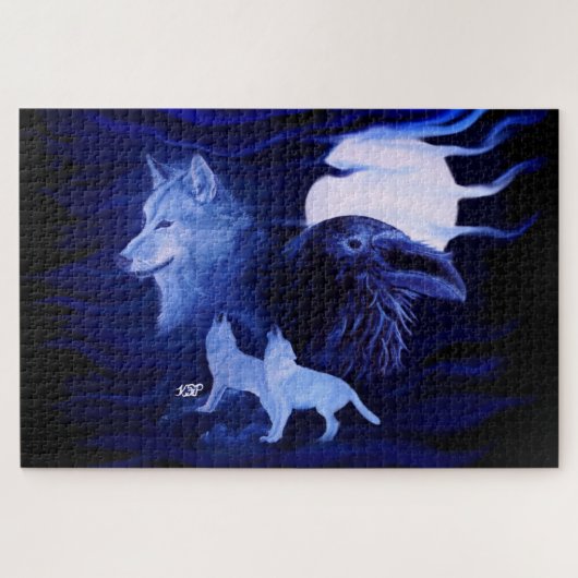 Wölfe und Raven mit Vollmond Puzzle (Horizontal)