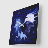 Wölfe und Raven mit Vollmond Quadratische Wanduhr (Winkel)
