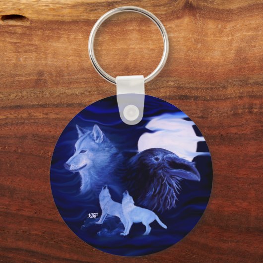 Wölfe und Raven mit Vollmond Schlüsselanhänger (Vorderseite)