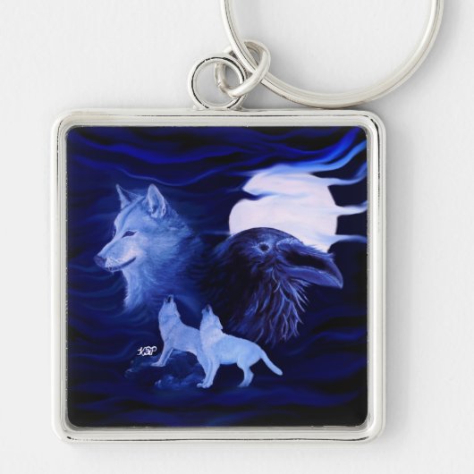 Wölfe und Raven mit Vollmond Schlüsselanhänger (Vorne)