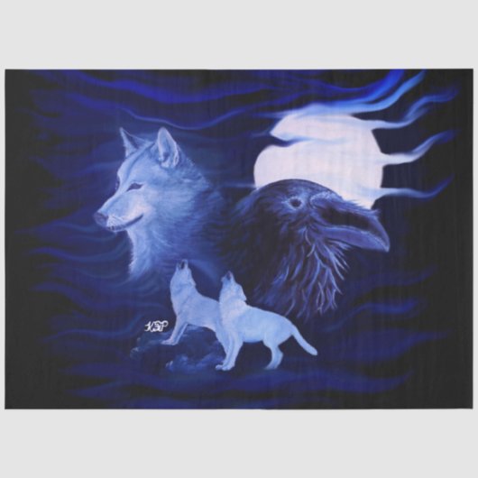 Wölfe und Raven mit Vollmond Seidenpapier (Vorderseite)