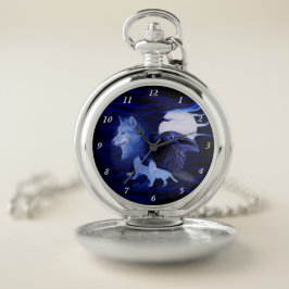 Wölfe und Raven mit Vollmond Taschenuhr