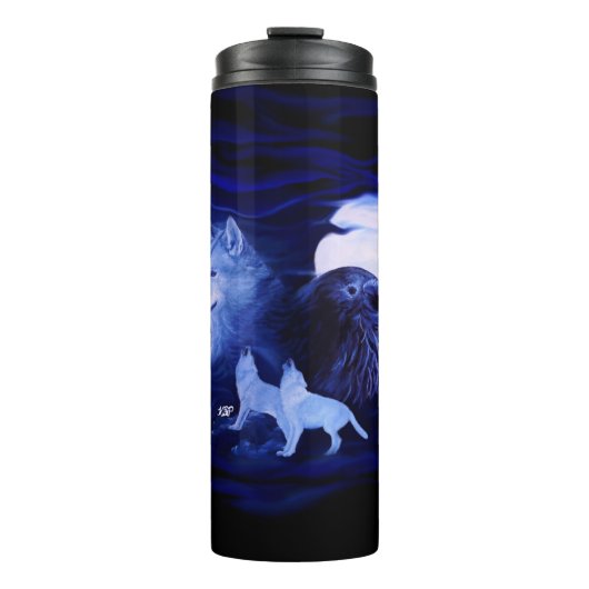 Wölfe und Raven mit Vollmond Thermosbecher (Vorderseite)