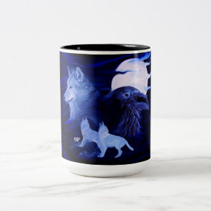 Wölfe und Raven mit Vollmond Zweifarbige Tasse