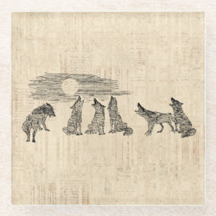 Wolfen Howling auf dem Mond Vintage Wolfskunst Glasuntersetzer