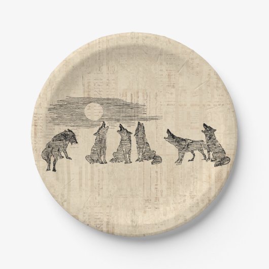 Wolfen Howling auf dem Mond Vintage Wolfskunst Pappteller (Vorderseite)