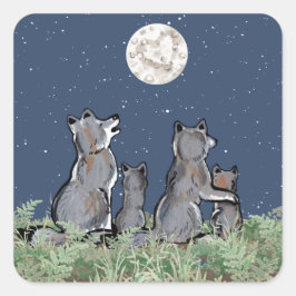 Wolfen Wolf Howling am Mond, Night Stars Animal Quadratischer Aufkleber