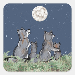 Wolfen Wolf Howling am Mond, Night Stars Animal Quadratischer Aufkleber