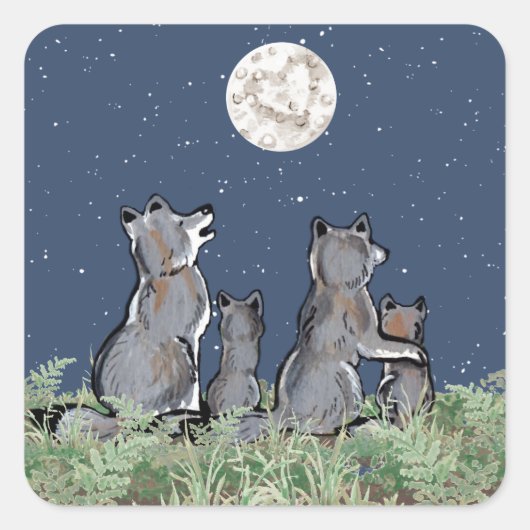 Wolfen Wolf Howling am Mond, Night Stars Animal Quadratischer Aufkleber (Vorderseite)