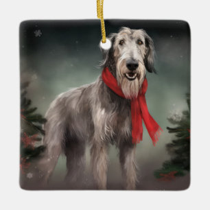 Wolfhound Dog in Schneehocht Keramikornament