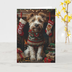 Wolfhound Hund mit Weihnachtsgeschenken Feuerplatz Karte