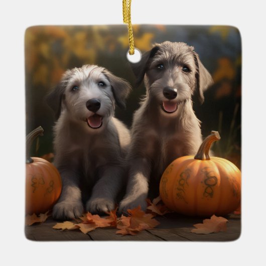 Wolfhound Welpe Herbst Delight Pumpkin Keramikornament (Vorderseite)
