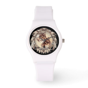 Wolfpaare nestled innerhalb einer Traumfängeruhr Armbanduhr