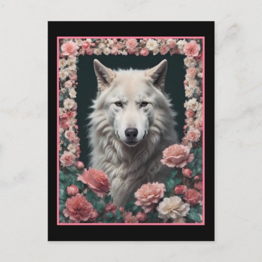 Wolfporträt mit Blumen Postkarte (Vorderseite)