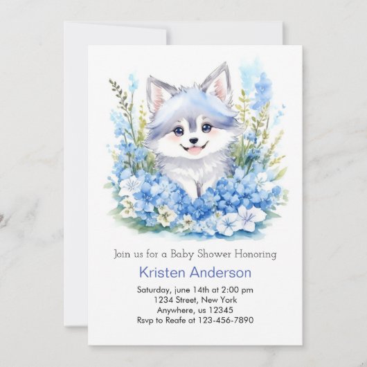 Wolf's blaue, bläuliche Woodland Boy Baby-Dusche Einladung (Vorderseite)