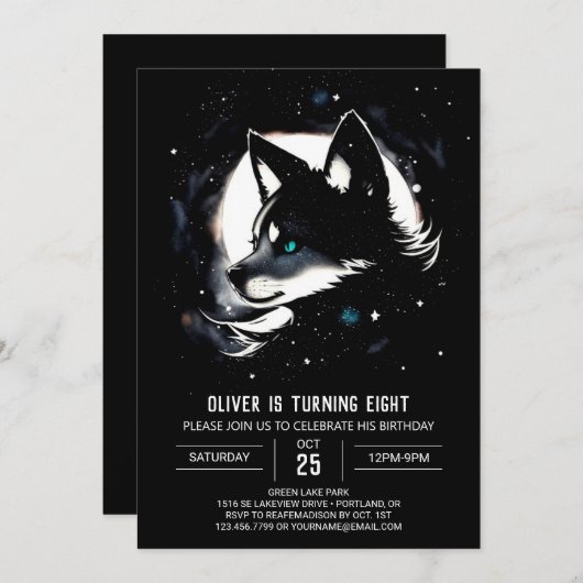 Wolfs Whimsikaler Geburtstag Einladung (Vorne/Hinten)
