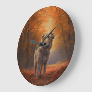 Wolfshund im Herbstlaubfall inspiriert Große Wanduhr