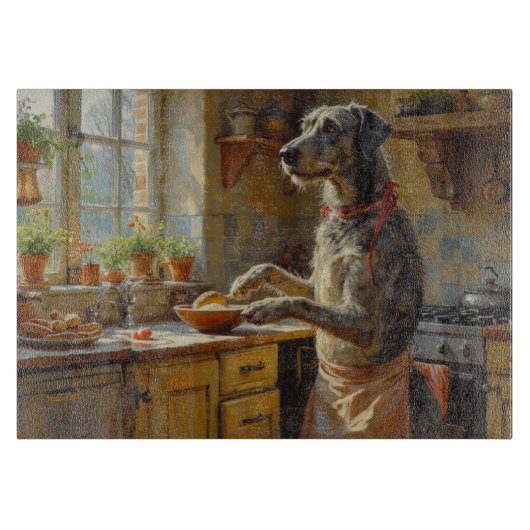 Wolfshund kocht in der Küche Schneidebrett (Vorderseite)