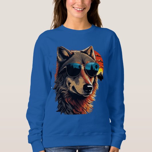 Wolfshund mit Sonnenbrille im Sonnenuntergang Idee Sweatshirt (Vorderseite)