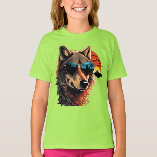 Wolfshund mit Sonnenbrille im Sonnenuntergang Idee T-Shirt (Vorderseite)