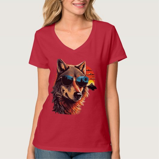 Wolfshund mit Sonnenbrille im Sonnenuntergang Idee T-Shirt (Vorderseite)