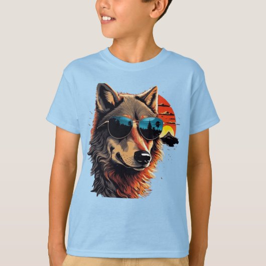 Wolfshund mit Sonnenbrille im Sonnenuntergang Idee T-Shirt (Vorderseite)