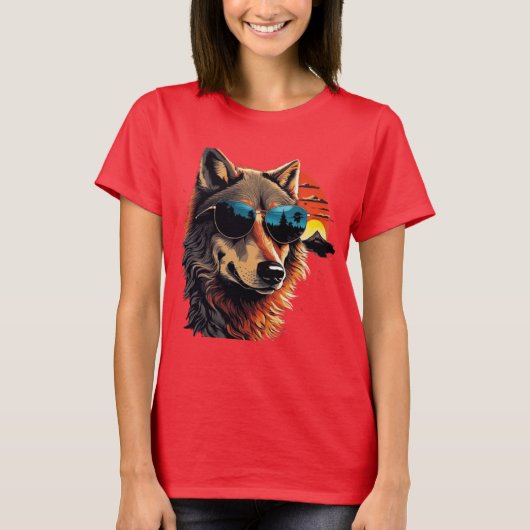 Wolfshund mit Sonnenbrille im Sonnenuntergang Idee T-Shirt (Vorderseite)