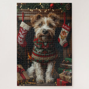 Wolfshund mit Weihnachtsgeschenken am Kamin Puzzle