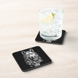 Wolfskopf Blätter Tier Original Kunst Zeichnung Getränkeuntersetzer