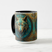 Wolfskopf Gold und Türkis Tasse (Vorderseite Links)
