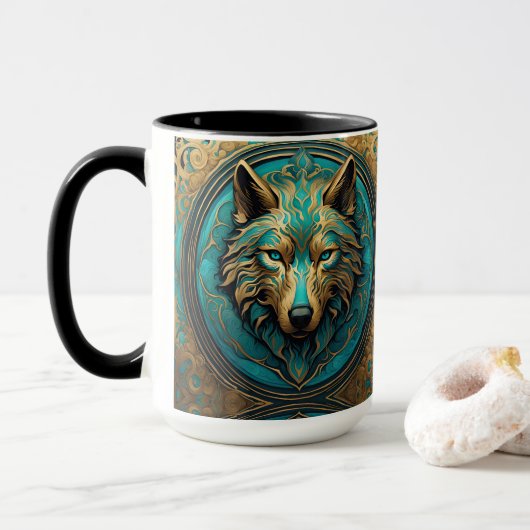 Wolfskopf Gold und Türkis Tasse (Mit Donut)