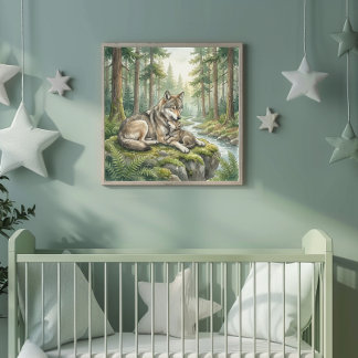 Wolfsmama und ihre bezaubernde Welpen-Kinderstube Poster