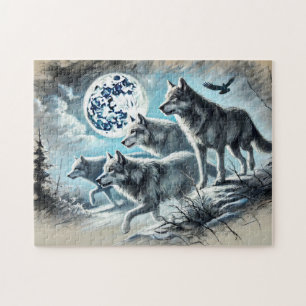 Wolfsrudel läuft im Mondlicht Puzzle