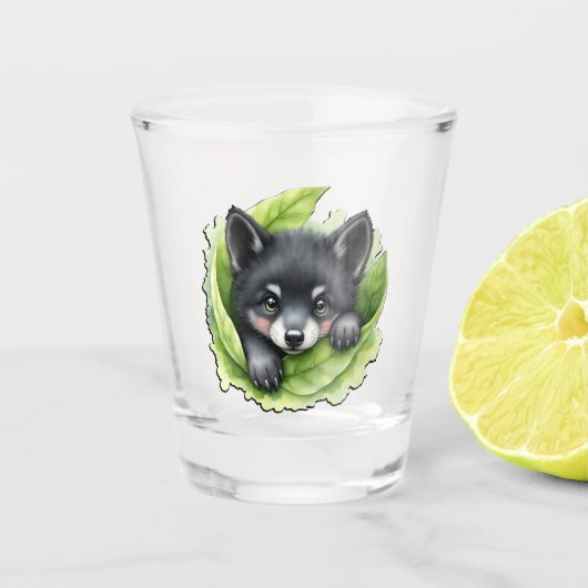 Wolfswelpe im Grünen: Schnapsglas (Vorderseite)