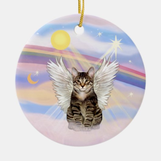 Wolken - Brauner Tabby Tiger Kat Angel Keramikornament (Vorne)
