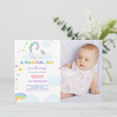 Wolken Einhorn Geburtstag Einladung mit Foto (Stehend Vorderseite)