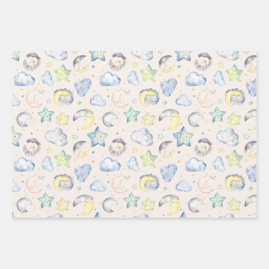 Wolken, Monde und Sterne für Baby Geschenkpapier Set (Vorderseite)