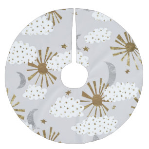 Wolken, Sonne und Mond, minimalistisches Muster. Polyester Weihnachtsbaumdecke