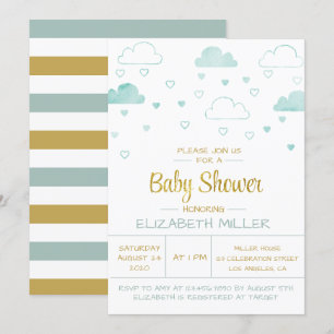 Wolken und Herz Blue und Gold Baby Dusche Einladung
