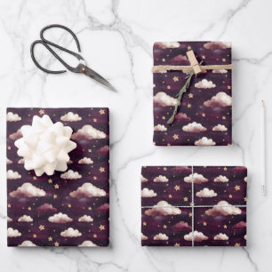 Wolken und Sterne auf dunklem Lila Geschenkpapier Set