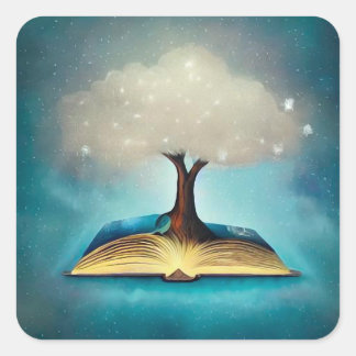 Wolkenbaum & offenes Buch Quadratischer Aufkleber