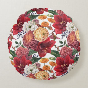 Wolkige Aquarell-Amaryllis und Chrysantheme Rundes Kissen