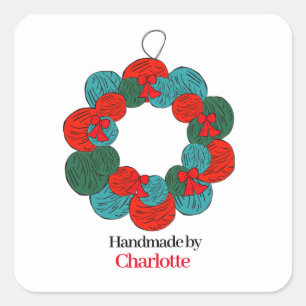 Wolle Pompe Weihnachtskranz handgefertigt Quadratischer Aufkleber