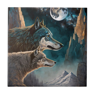 Wolves Full Moon Fantasy Landscape Fliese