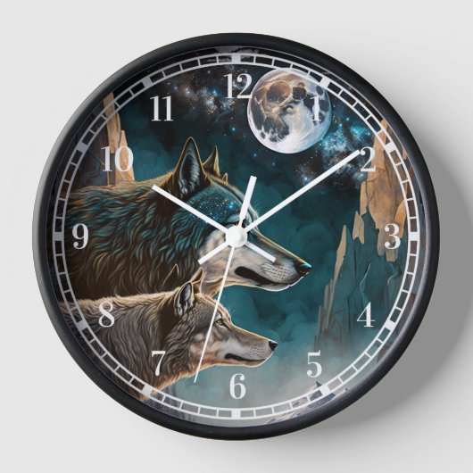Wolves Full Moon Fantasy Landscape Uhr (Vorderseite)