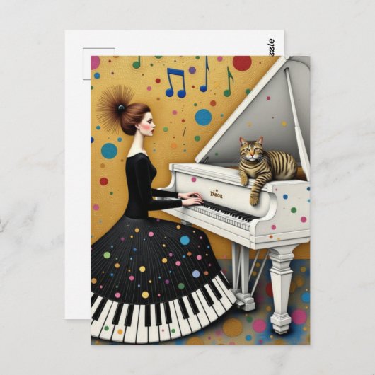 Woman and Cat at Piano Surreal Postkarte (Vorne/Hinten)